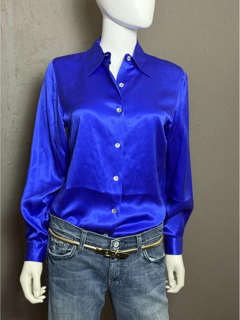 1990's Royal Blue Silk Satin Blouse from Edward Petites